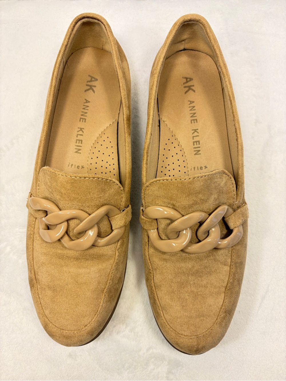 Anne Klein Tan Suede Slip-On Loafers with Glossy Chain